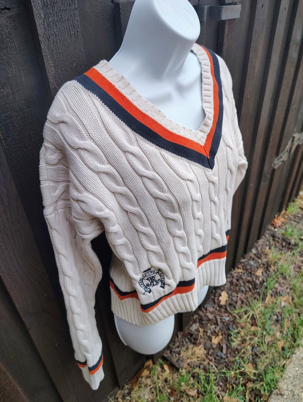 Ralph Lauren Cream Cable-Knit V-Neck Sweater with Navy & Orange Trim